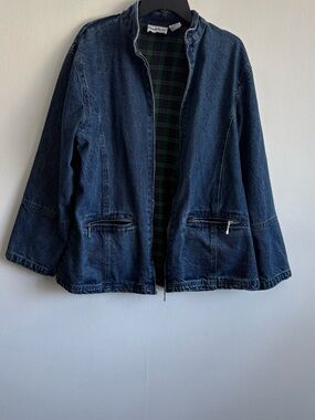 NorthStyle Blue Denim Jacket with Green Plaid Lining -Zipper is broken